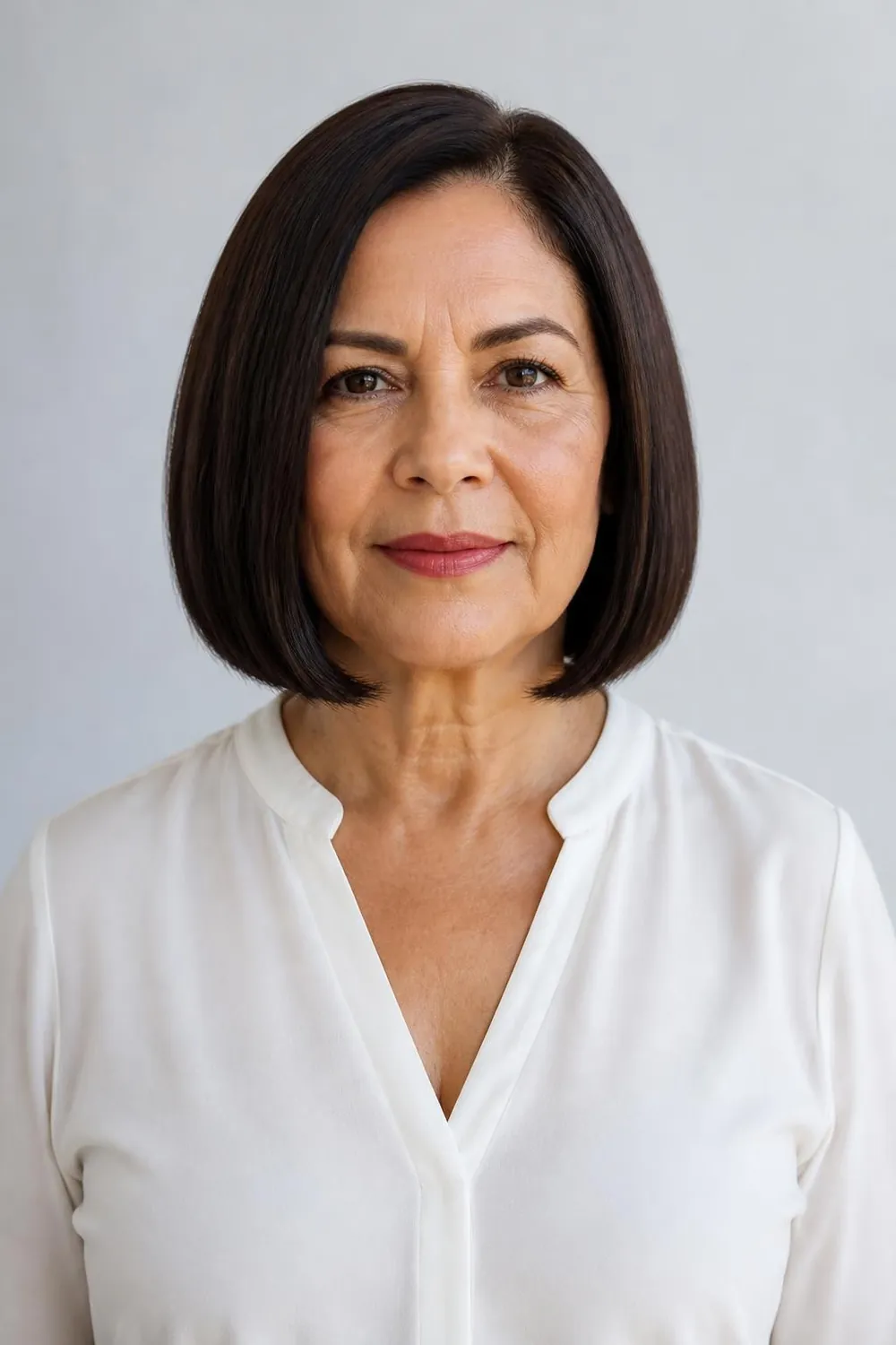 One-length chin bob with a sharp blunt line on glossy brunette hair over 50