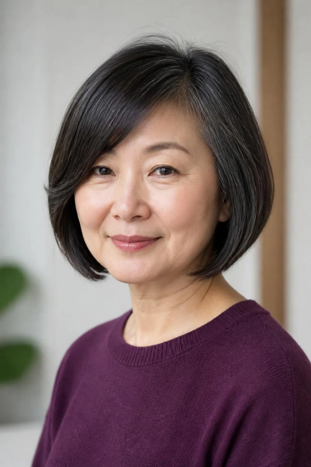 Chin-length bob with long side-swept bangs for a woman over 50 with a round face