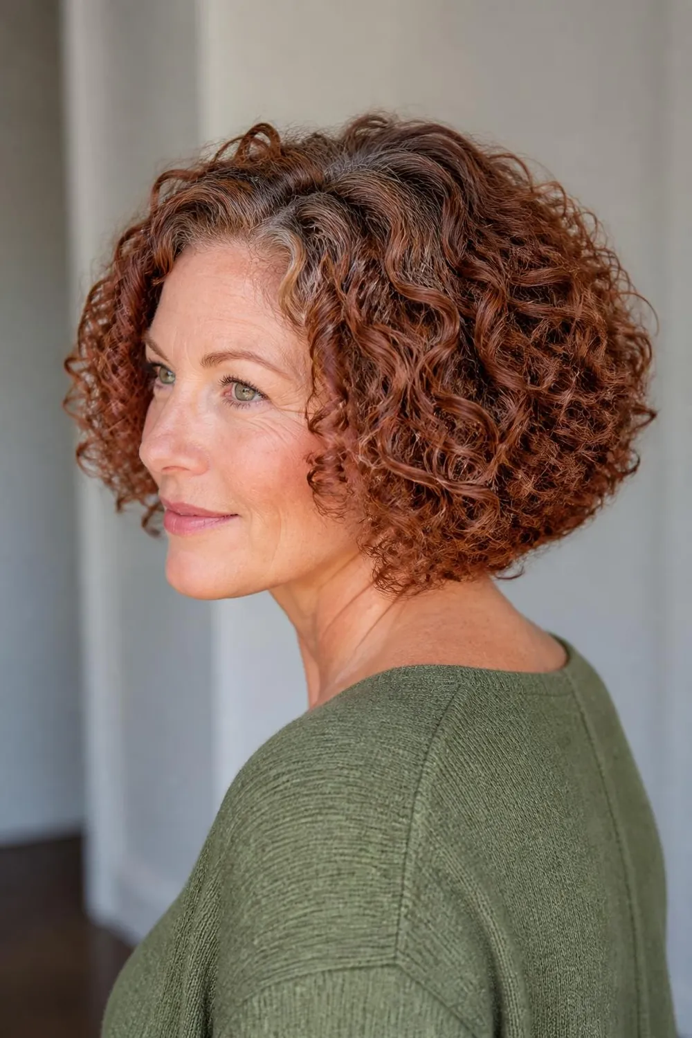 Curly chin-length bob cut dry on 3B curls for a woman in her 50s
