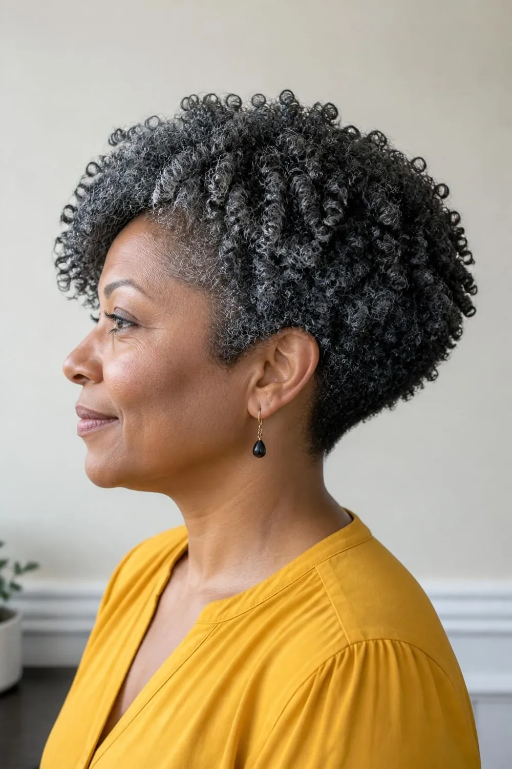 Tapered coily bob on 4A natural hair with silver strands for a Black woman over 50