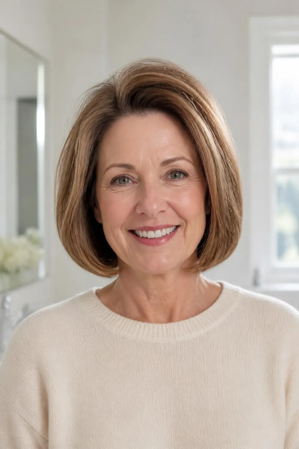 Chin-length bob set on velcro rollers for bouncy volume on thin hair over 50