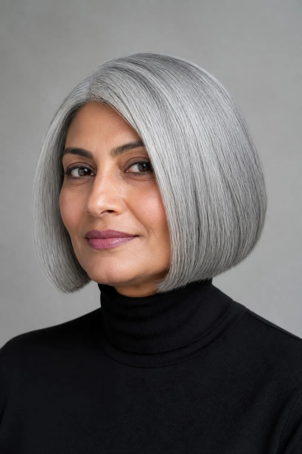 Silver blunt bob at jaw length with a glossy finish for gray hair over 50