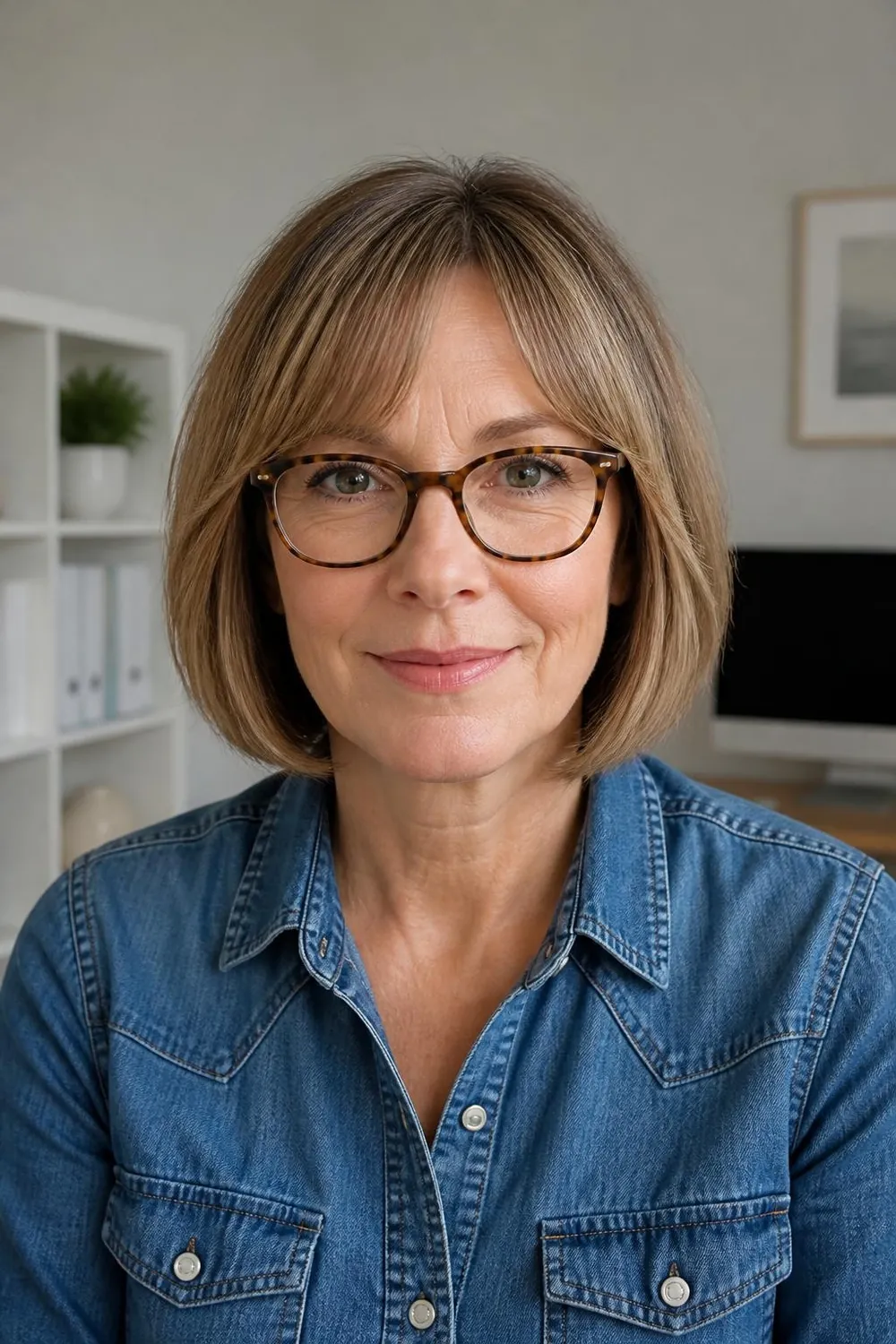 Jaw-length bob with curtain bangs framing glasses on a woman in her 50s