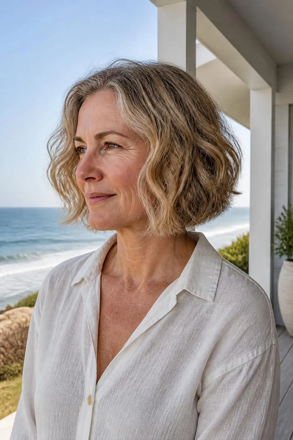 Wavy chin-length bob air-dried with natural bends for wavy hair over 50