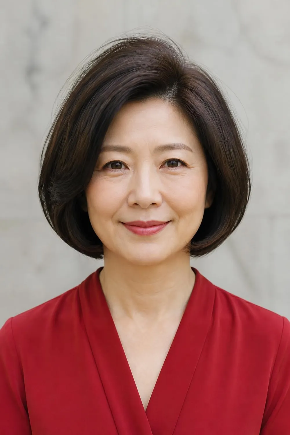 Full Italian bob just below the chin with rounded ends on brunette hair over 50