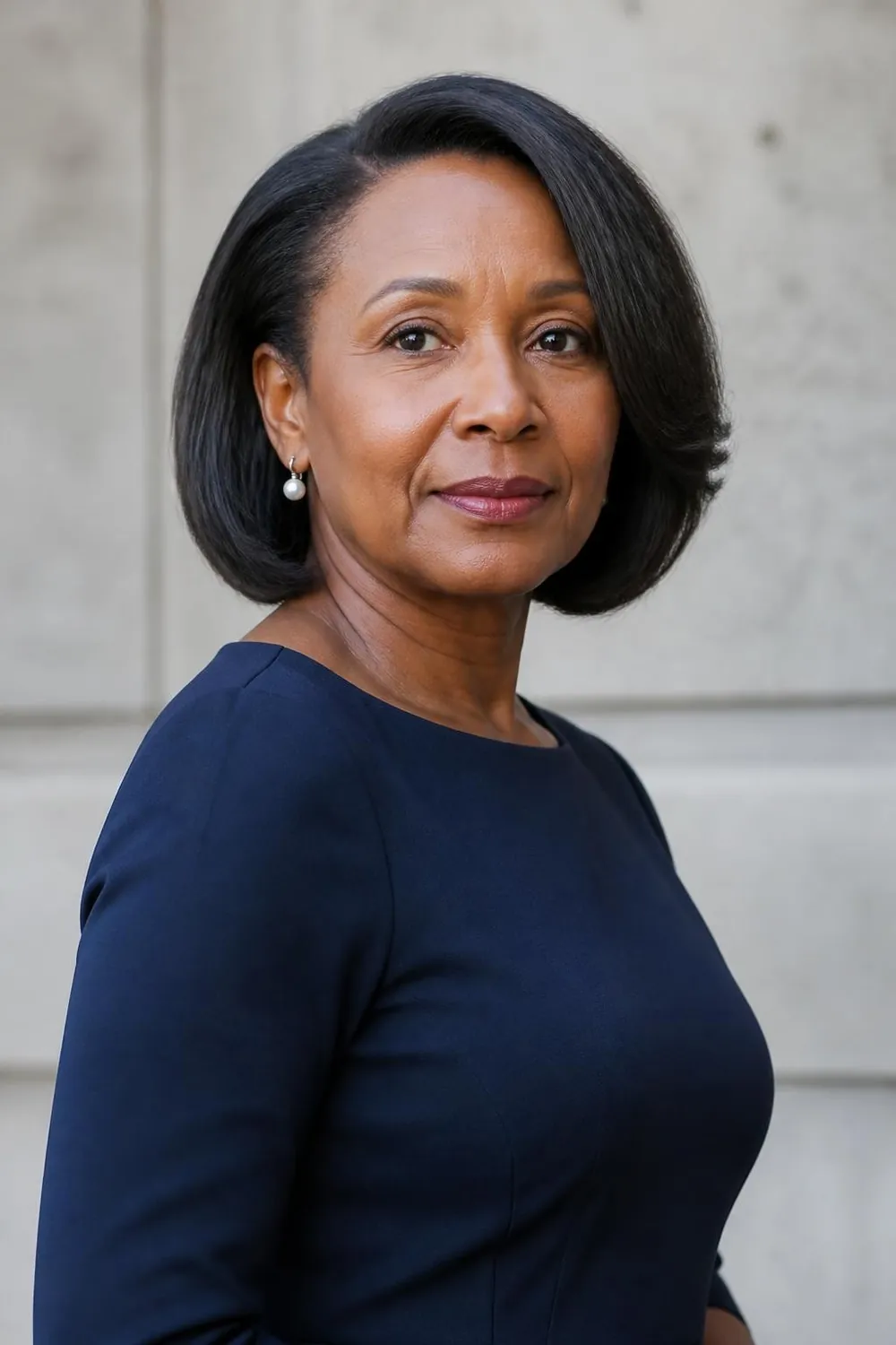 Side-parted bob tucked behind one ear with no bangs for women over 50