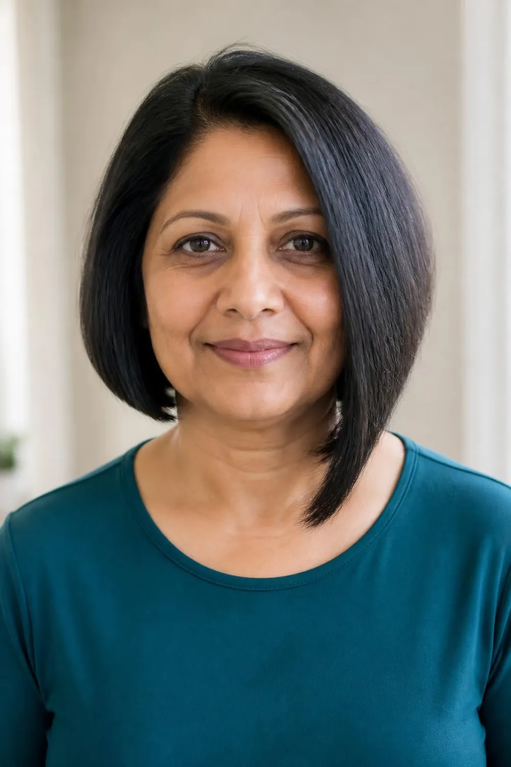 Asymmetrical bob longer on one side for a woman over 50 with a round face