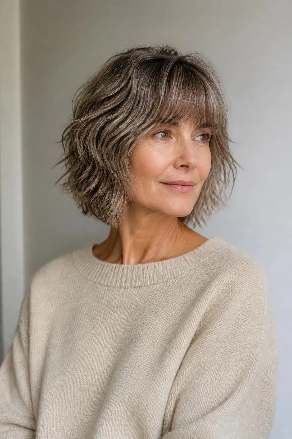 Shaggy bob with wispy bangs and textured layers on a woman in her 50s