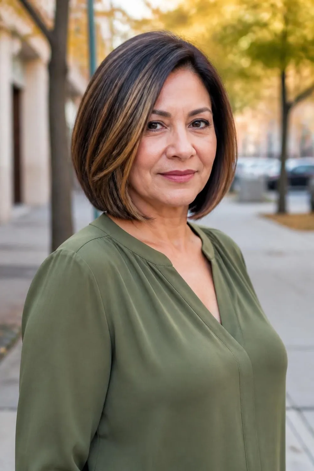 Brunette chin-length bob with caramel ribbon highlights for women over 50