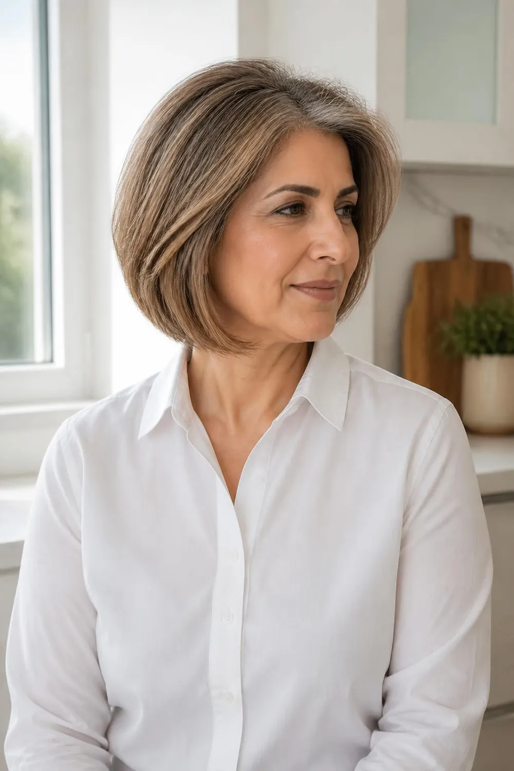 Light brown bob with fine babylights blending gray hair for women over 50