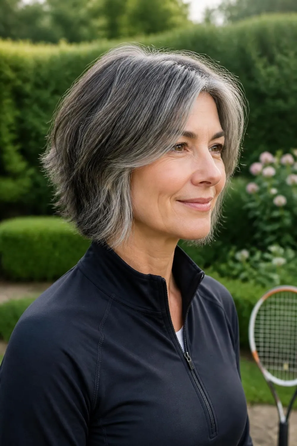 Textured lob long enough to tie back for active women over 50