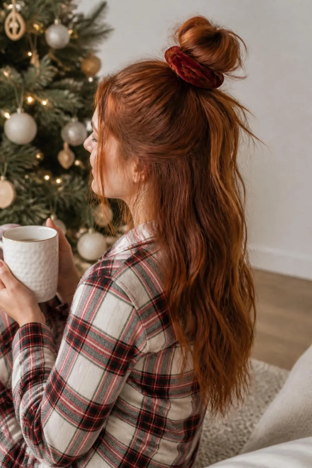 Messy high top knot with a red velvet scrunchie on long hair for Christmas morning
