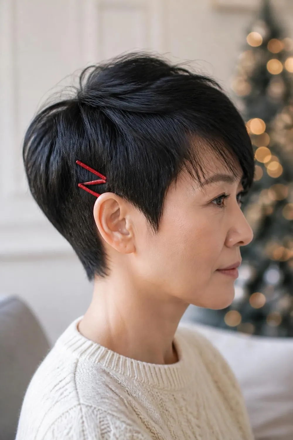 Short pixie cut with two small red enamel clips, a festive look for short hair