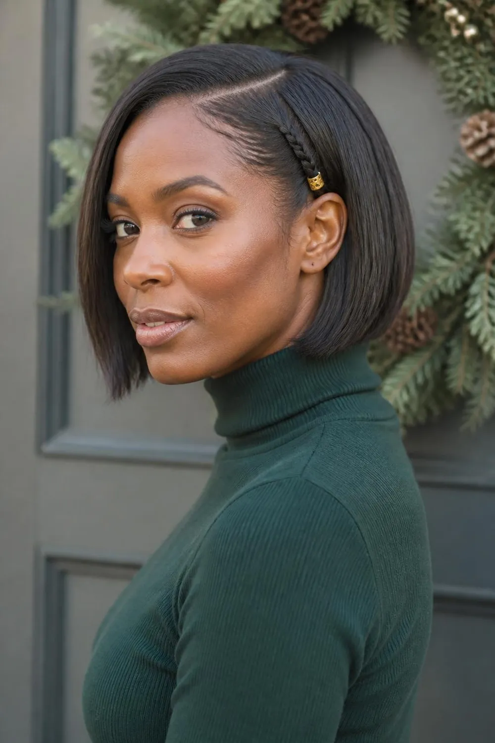 Chin-length bob with a thin braid at the temple tucked behind the ear