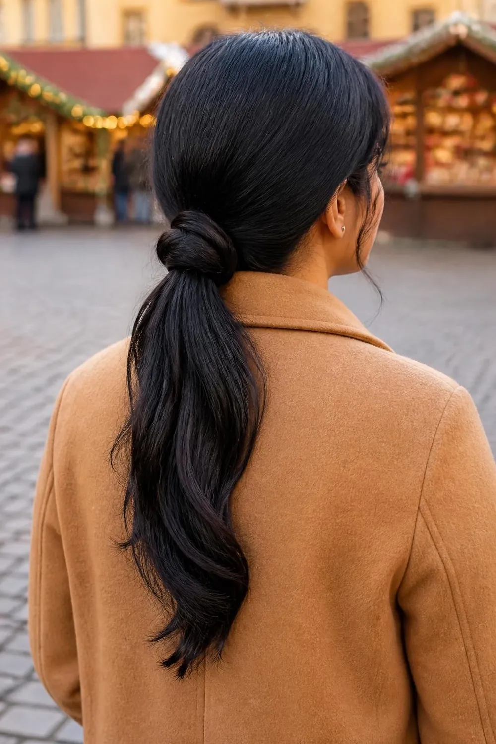 Low ponytail tied into a simple knot at the nape on medium length hair
