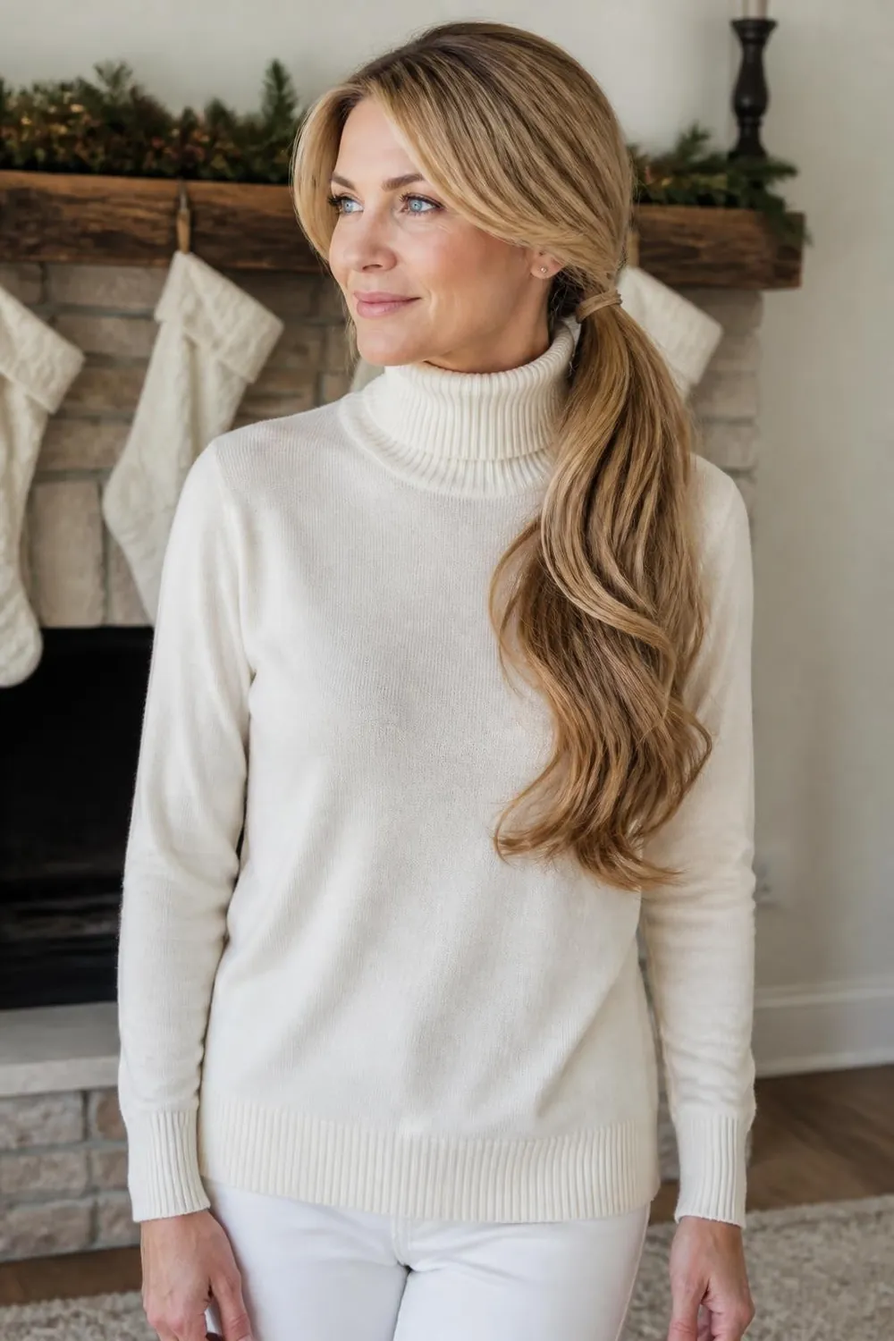Low side ponytail swept over one shoulder with a cream turtleneck sweater