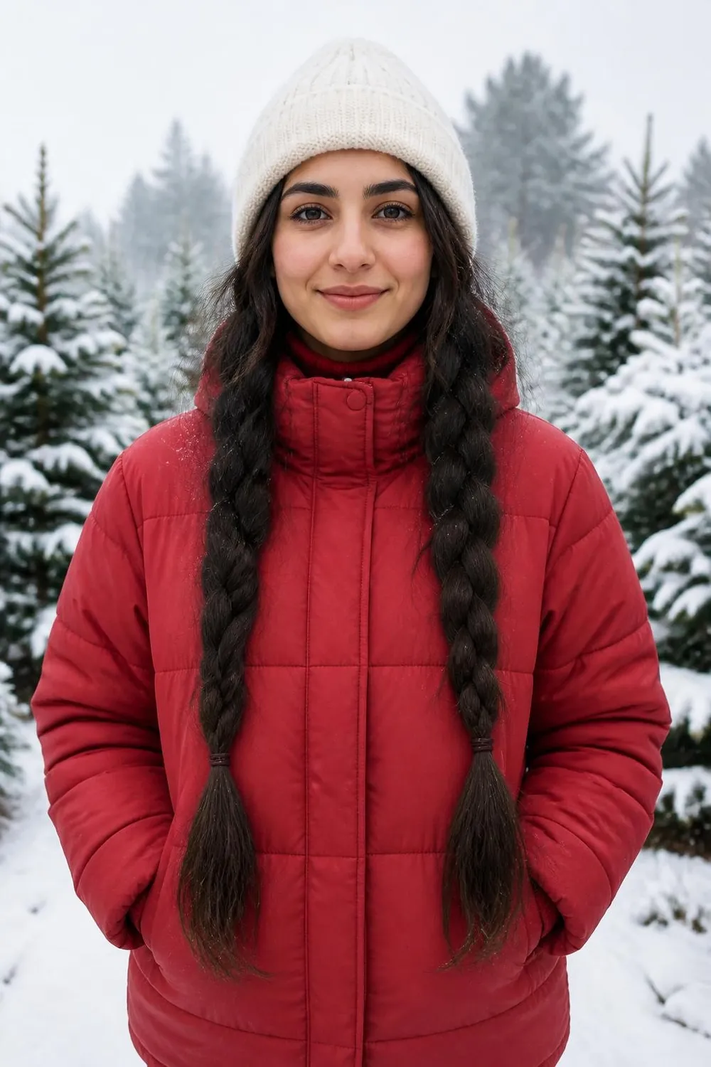 Two loose low braids under a cream knit beanie for winter outings