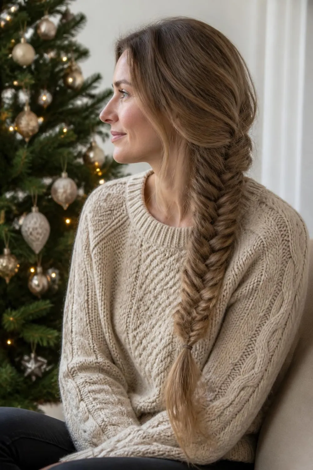Loose fishtail braid over one shoulder on long hair with a cable knit sweater