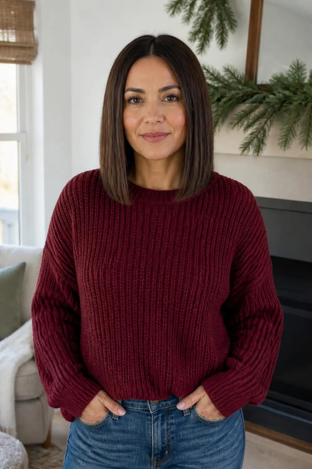 Shoulder-length lob with soft flat iron bends for a cozy holiday look