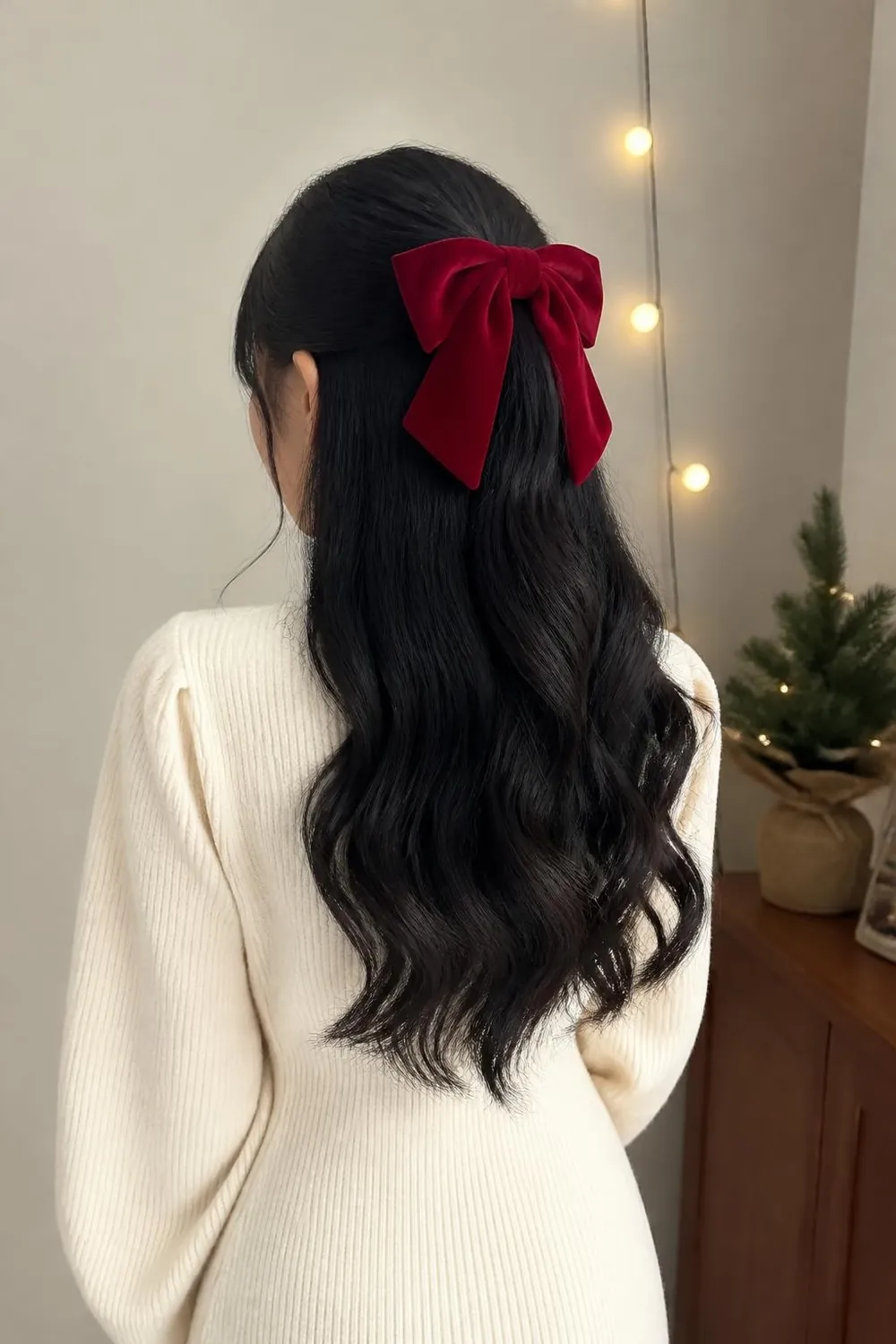 Half-up hairstyle with a large red velvet bow on long wavy hair