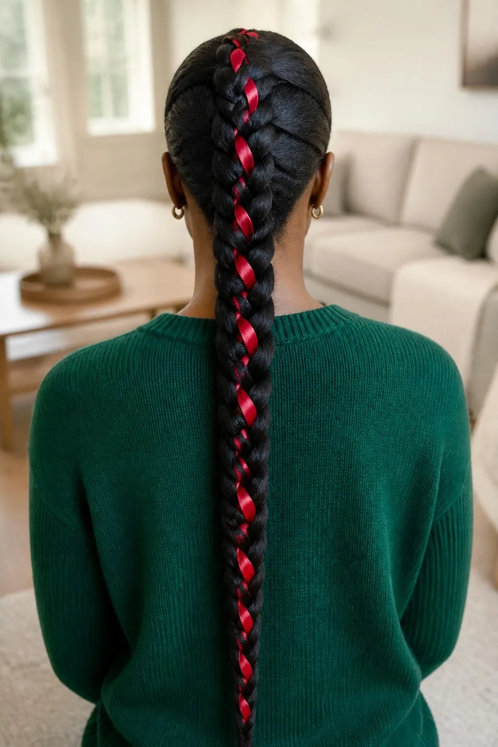 Long three-strand braid laced with a thin red satin ribbon for the holidays