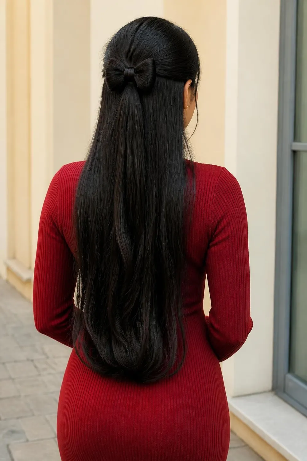 Half-up hairstyle with a bow shaped from the wearer's own hair on long straight hair