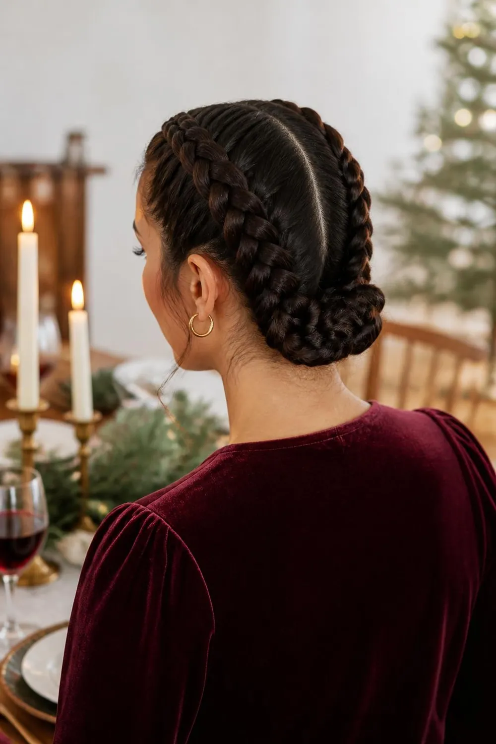 Two Dutch braids wrapped into a low bun for Christmas dinner