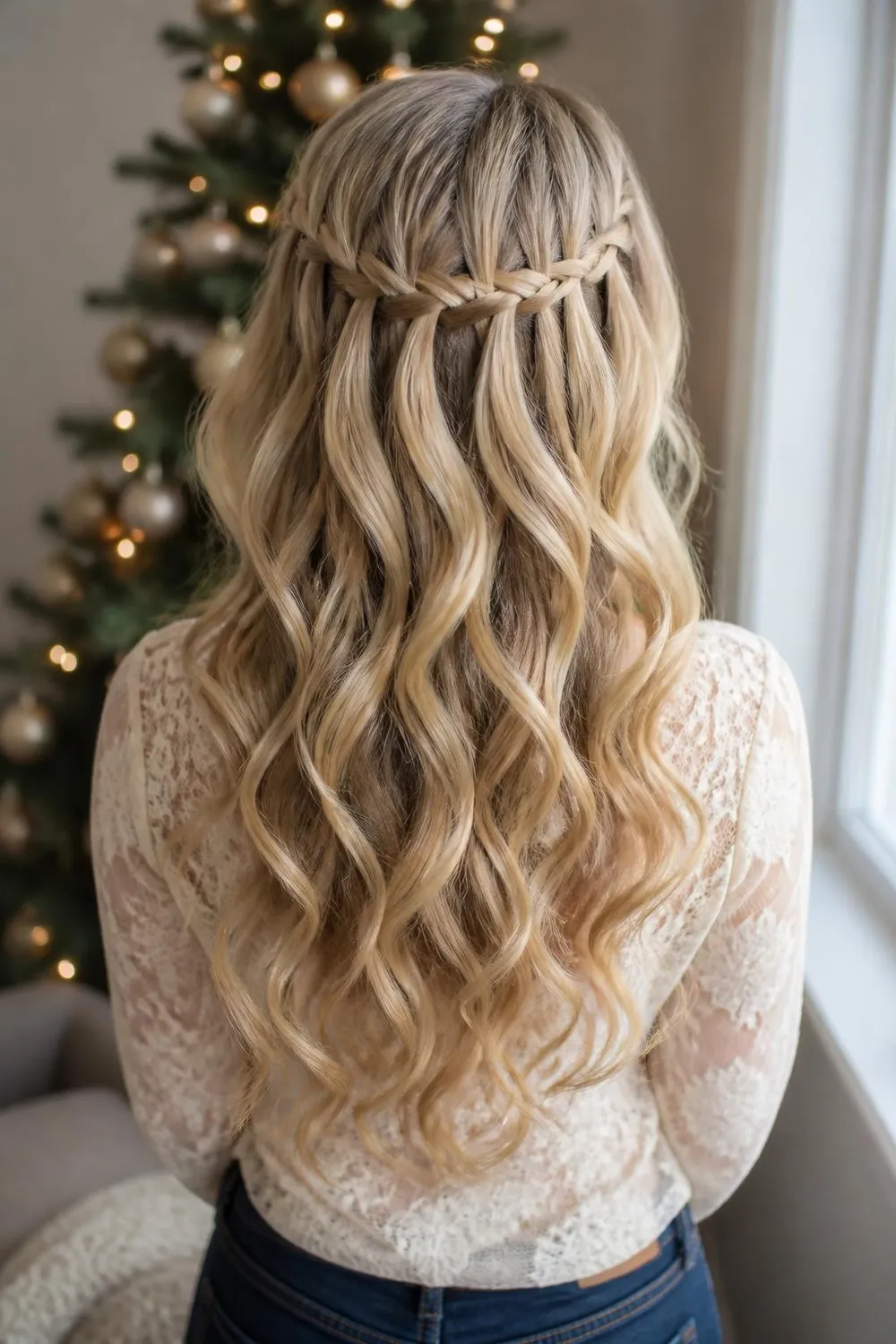 Waterfall braid across the back of the head over long soft curls