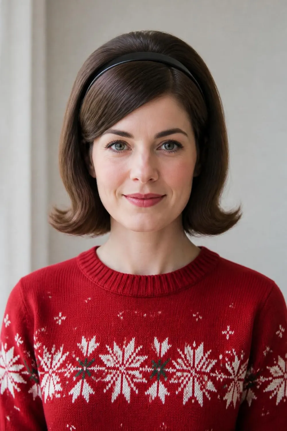 Chin-length bob with ends flipped outward in a retro 1960s style for a party