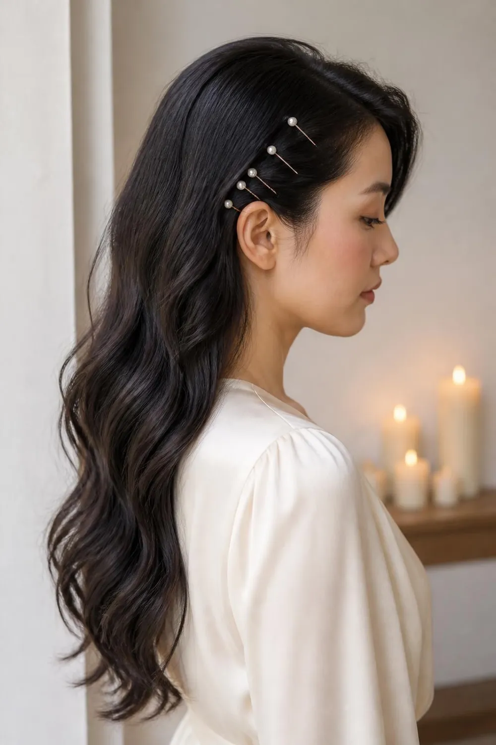 Long loose waves with small pearl bobby pins scattered along one side