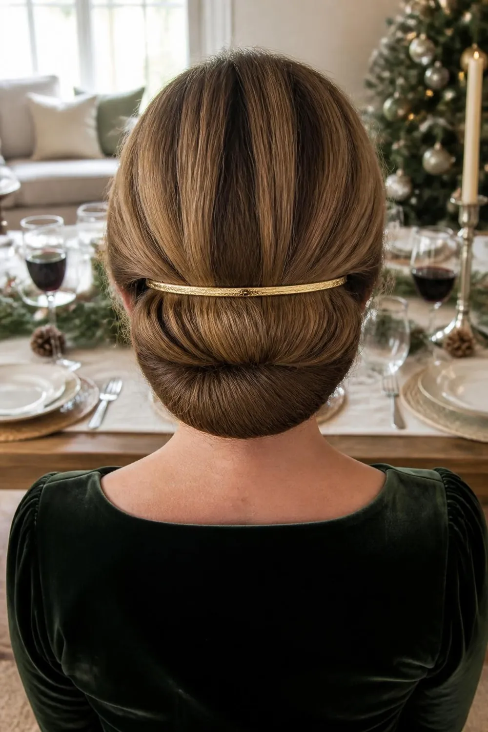 Gibson tuck updo with hair rolled under a thin headband at the nape