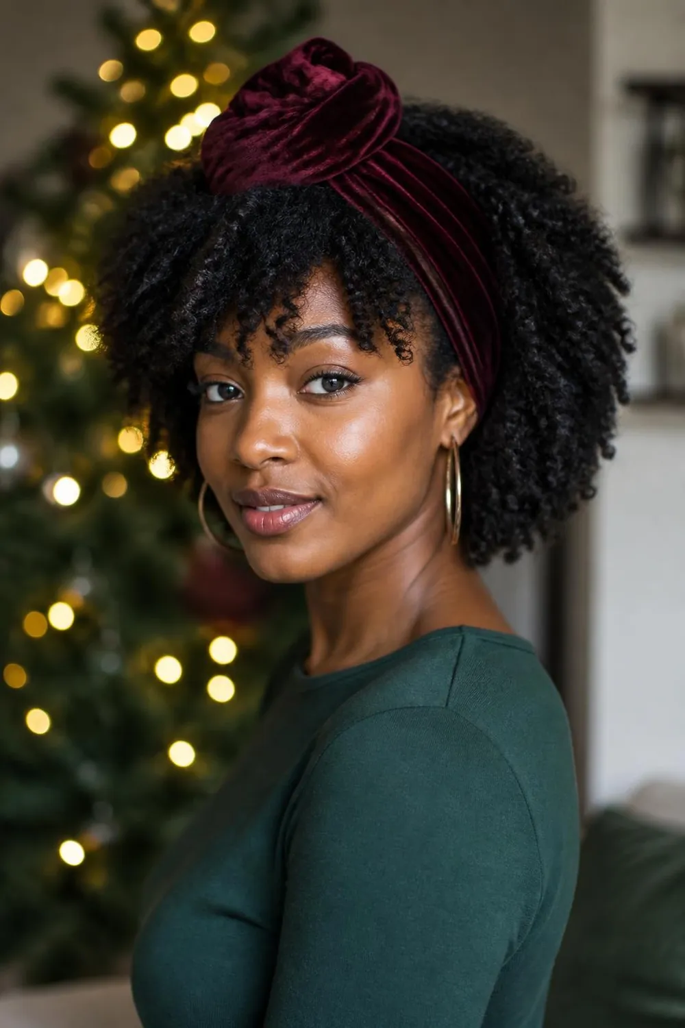Defined twist-out on natural 4B hair with a burgundy velvet headwrap