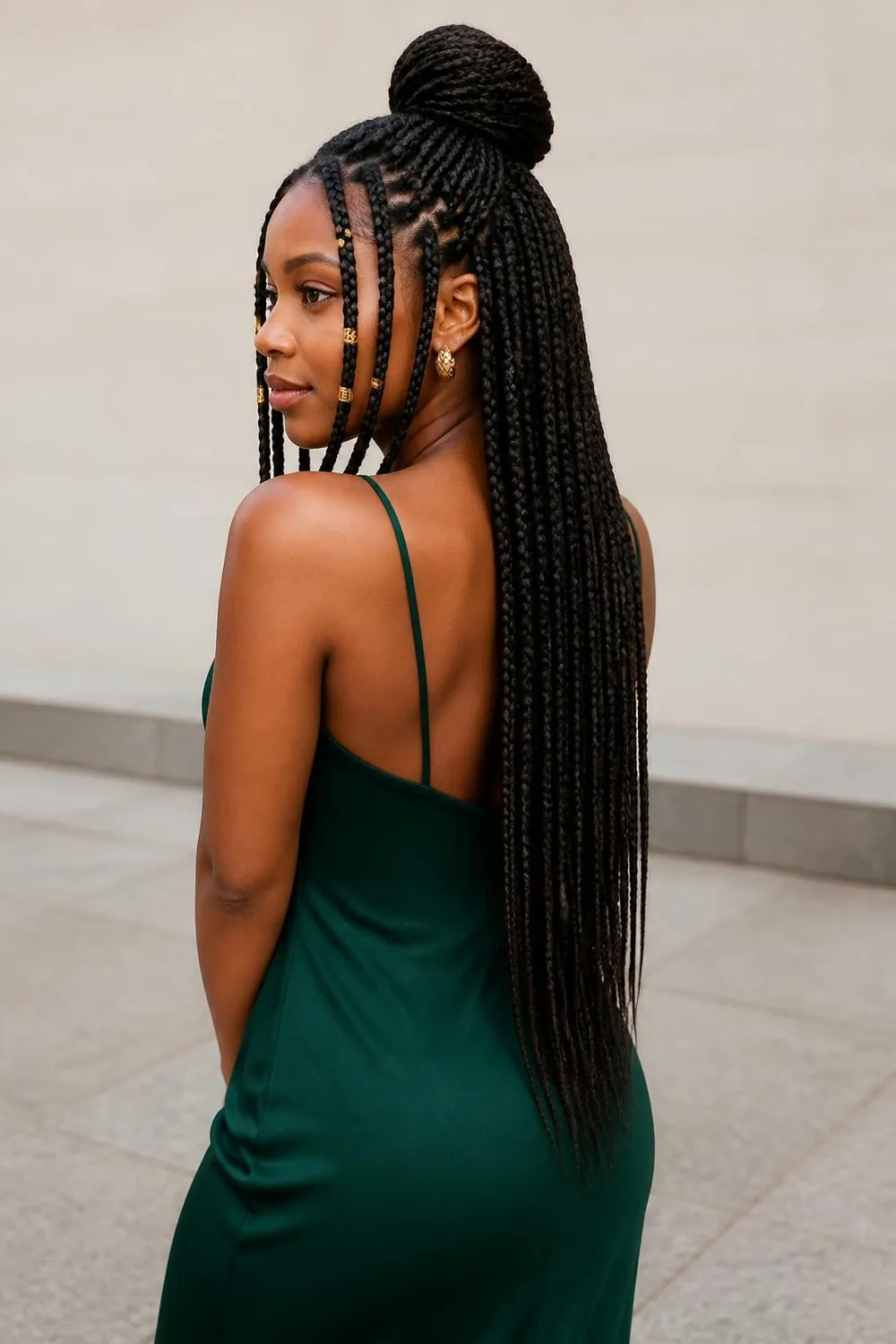 Long knotless braids styled in a half-up bun with gold braid cuffs
