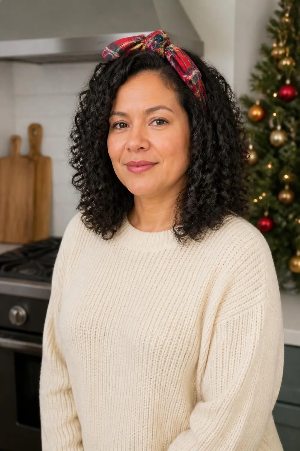 Defined 3B curls with a red plaid silk scarf tied as a headband