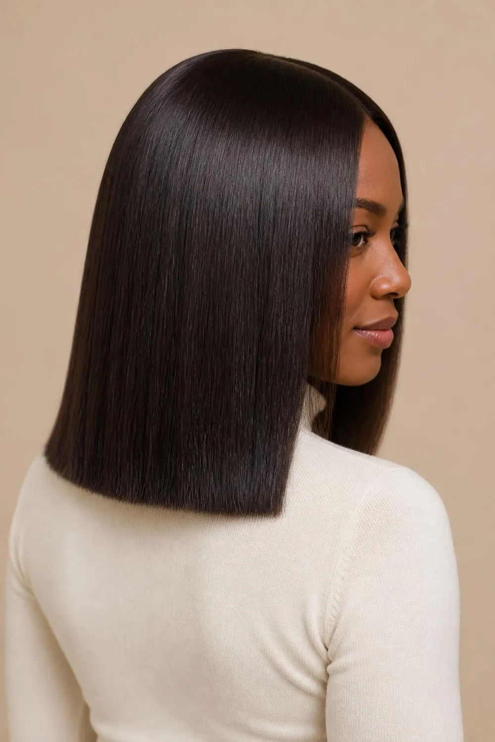 One-length haircut just past the shoulders with a solid blunt hem on thin hair