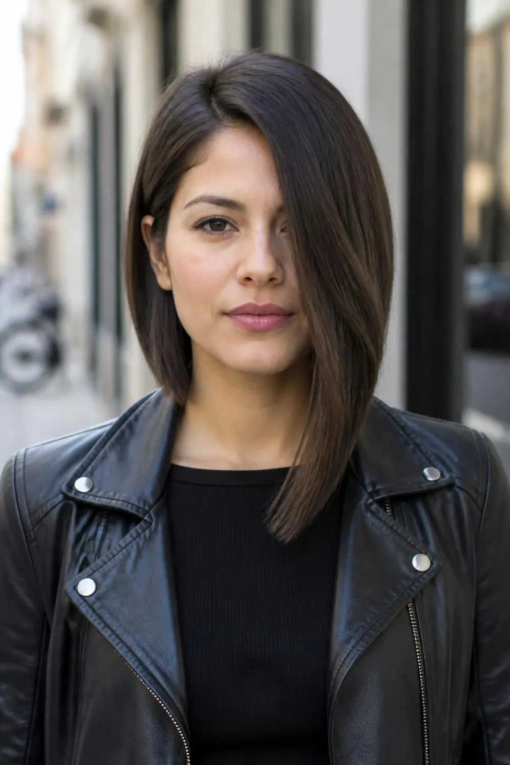 Asymmetric lob with one side swept forward and longer on fine hair