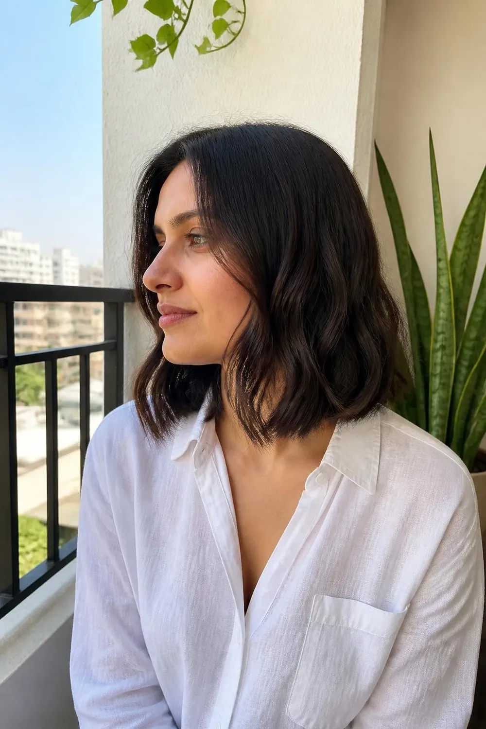 Air-dried blunt lob with natural loose waves on fine wavy hair