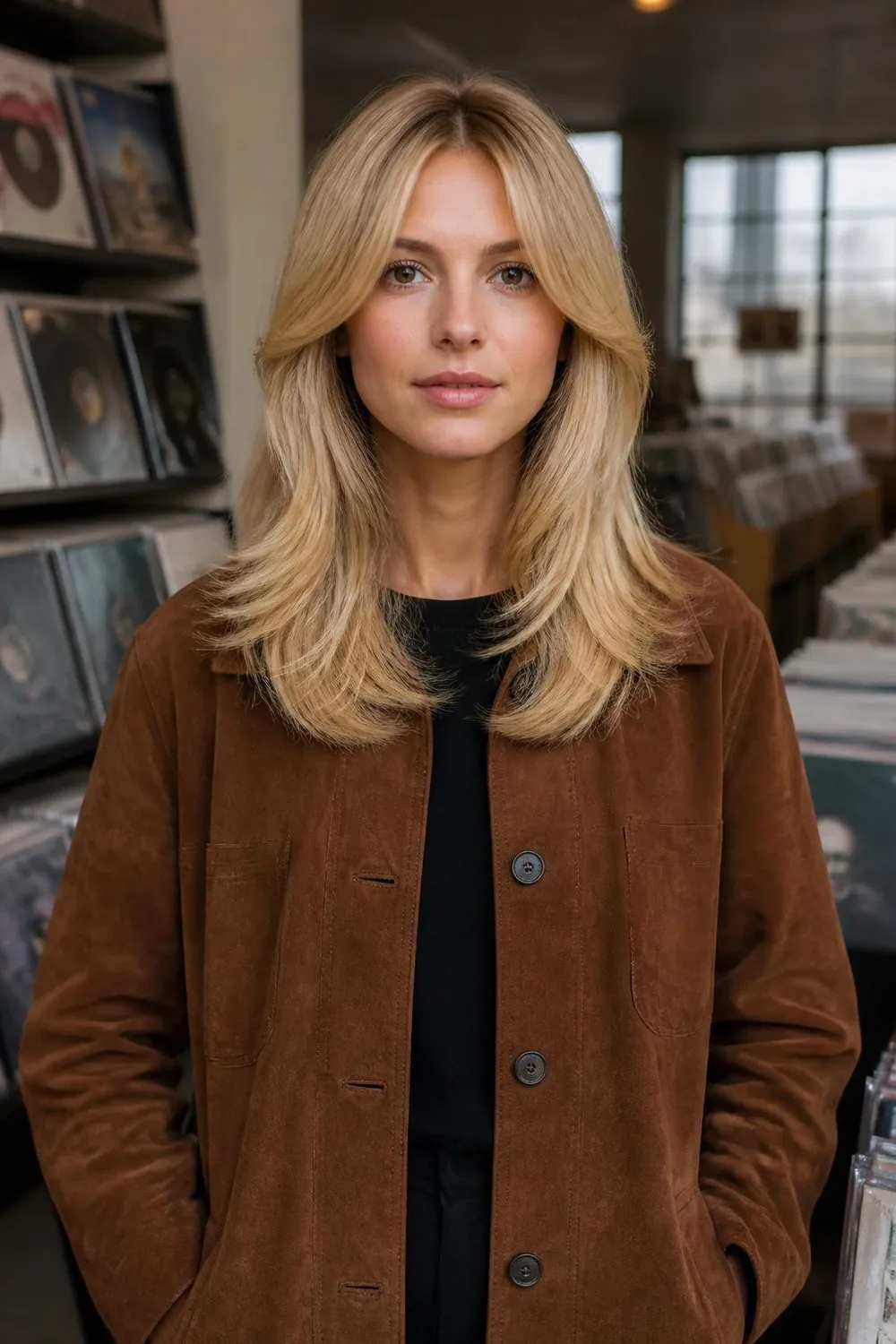 Medium cut with swoopy front layers curving away from the face on fine hair