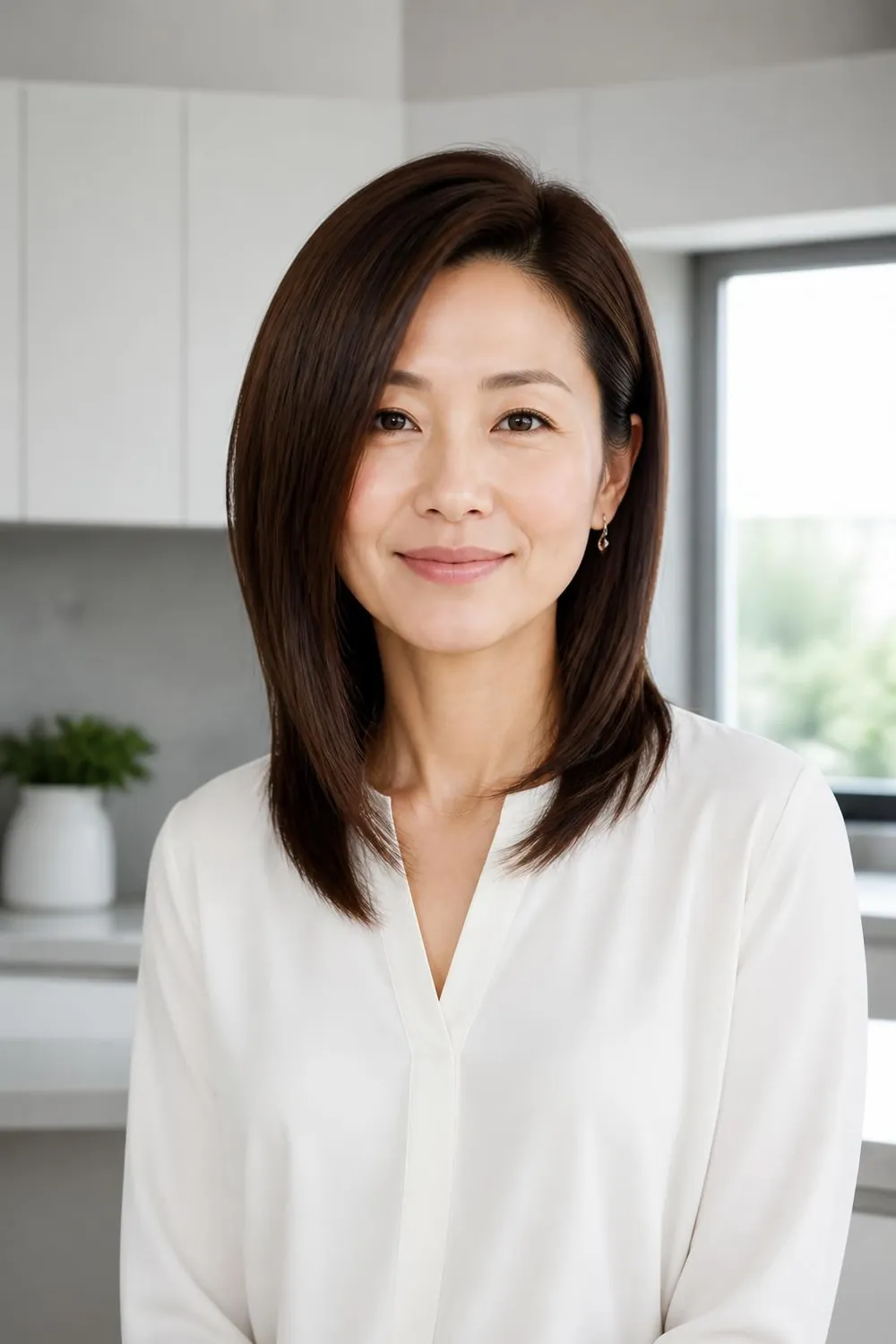 Medium layered haircut cut diagonally forward to frame the face on thin hair