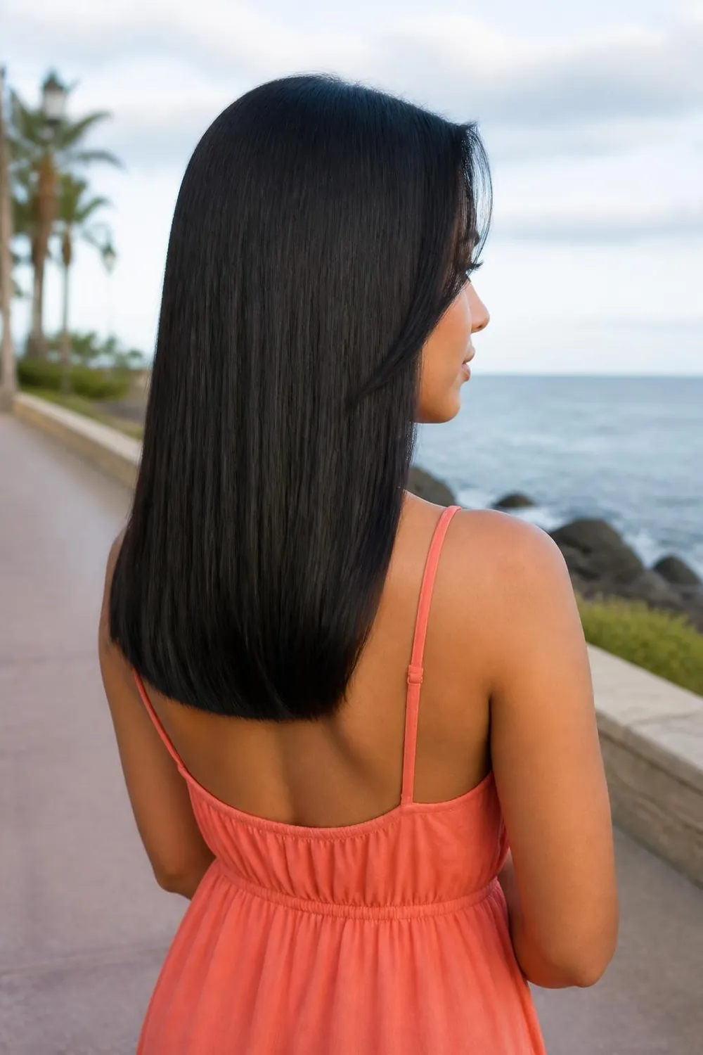 Medium-long haircut below the shoulders with minimal layers for fine thin hair