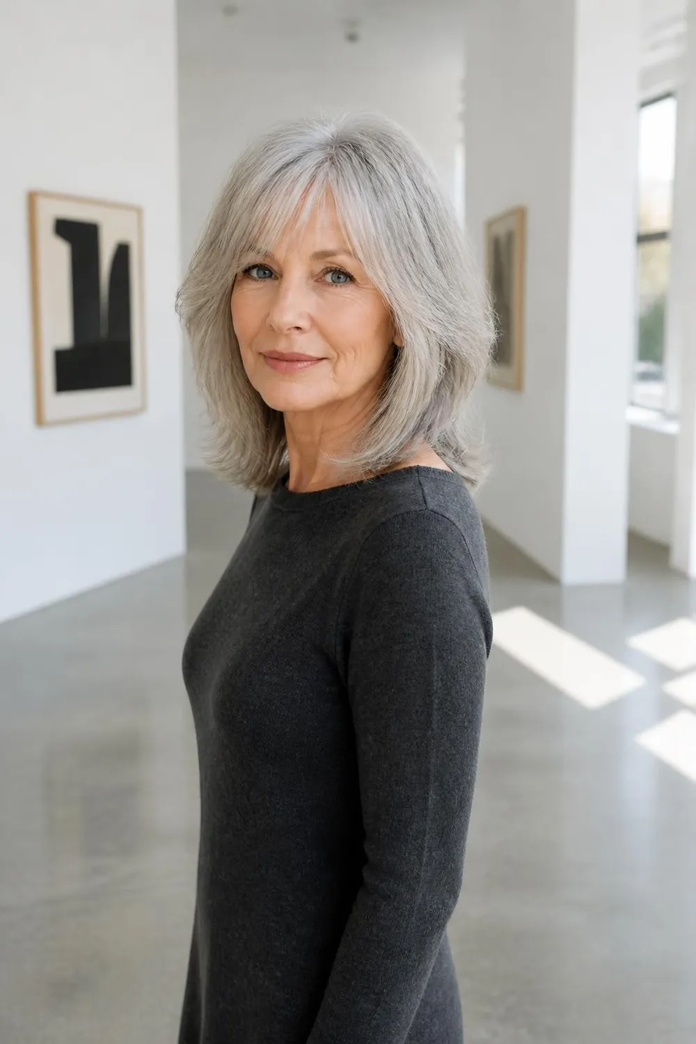 Silver medium shag with soft texture and a full hem for fine gray hair