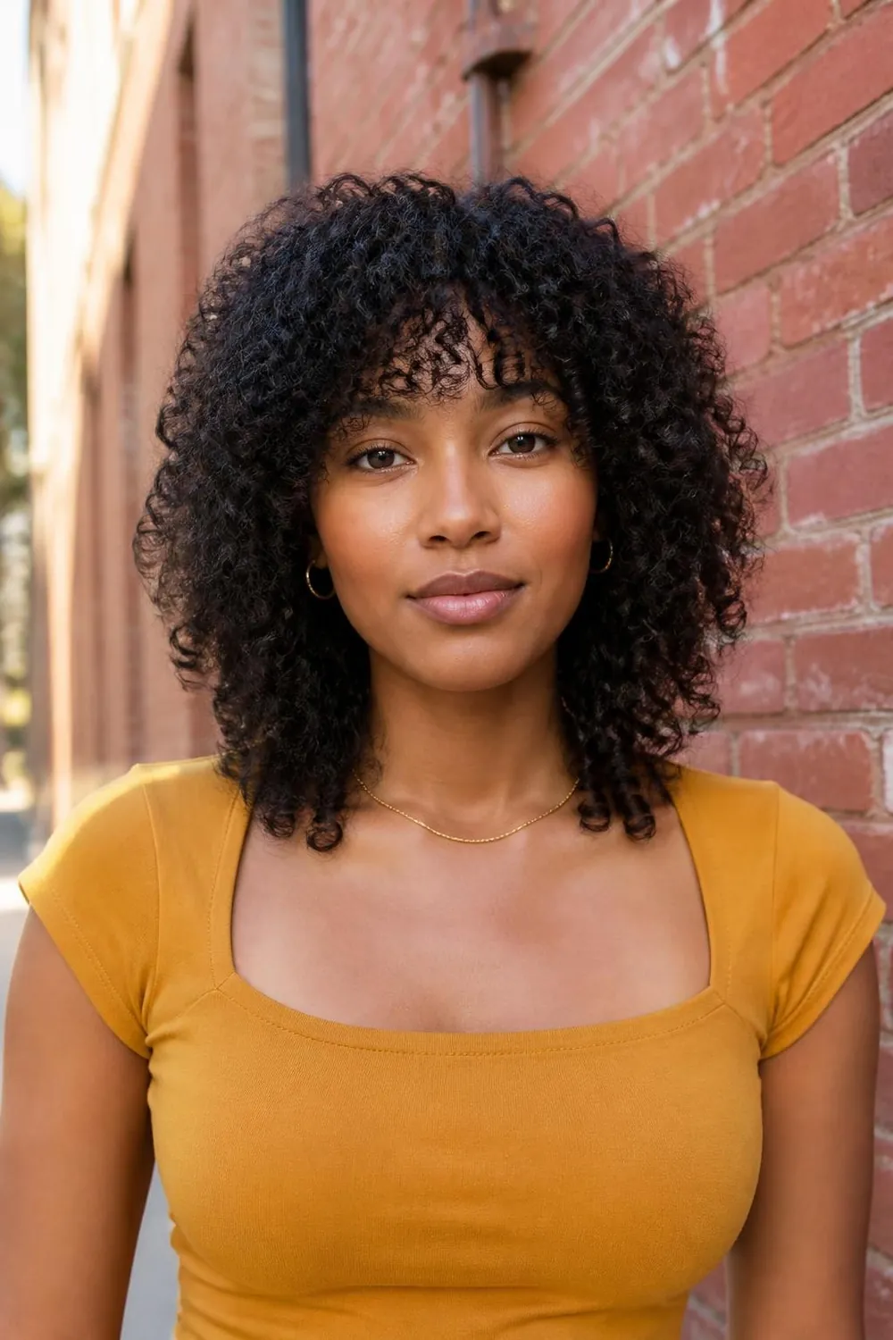 Curly shag haircut for fine curly hair at medium length with stacked curls
