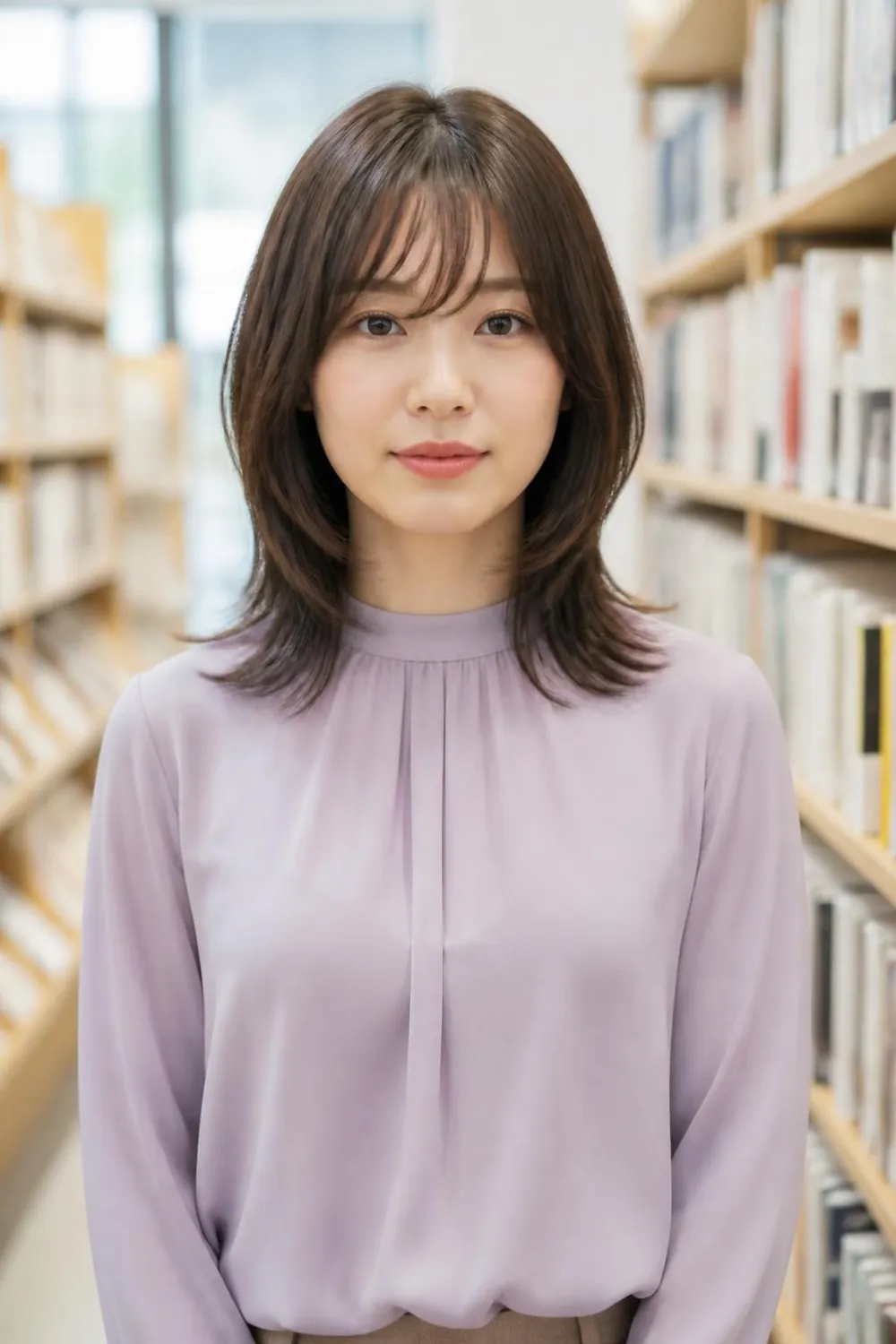 Medium-length haircut with bottleneck bangs that curve past the eyes on fine hair