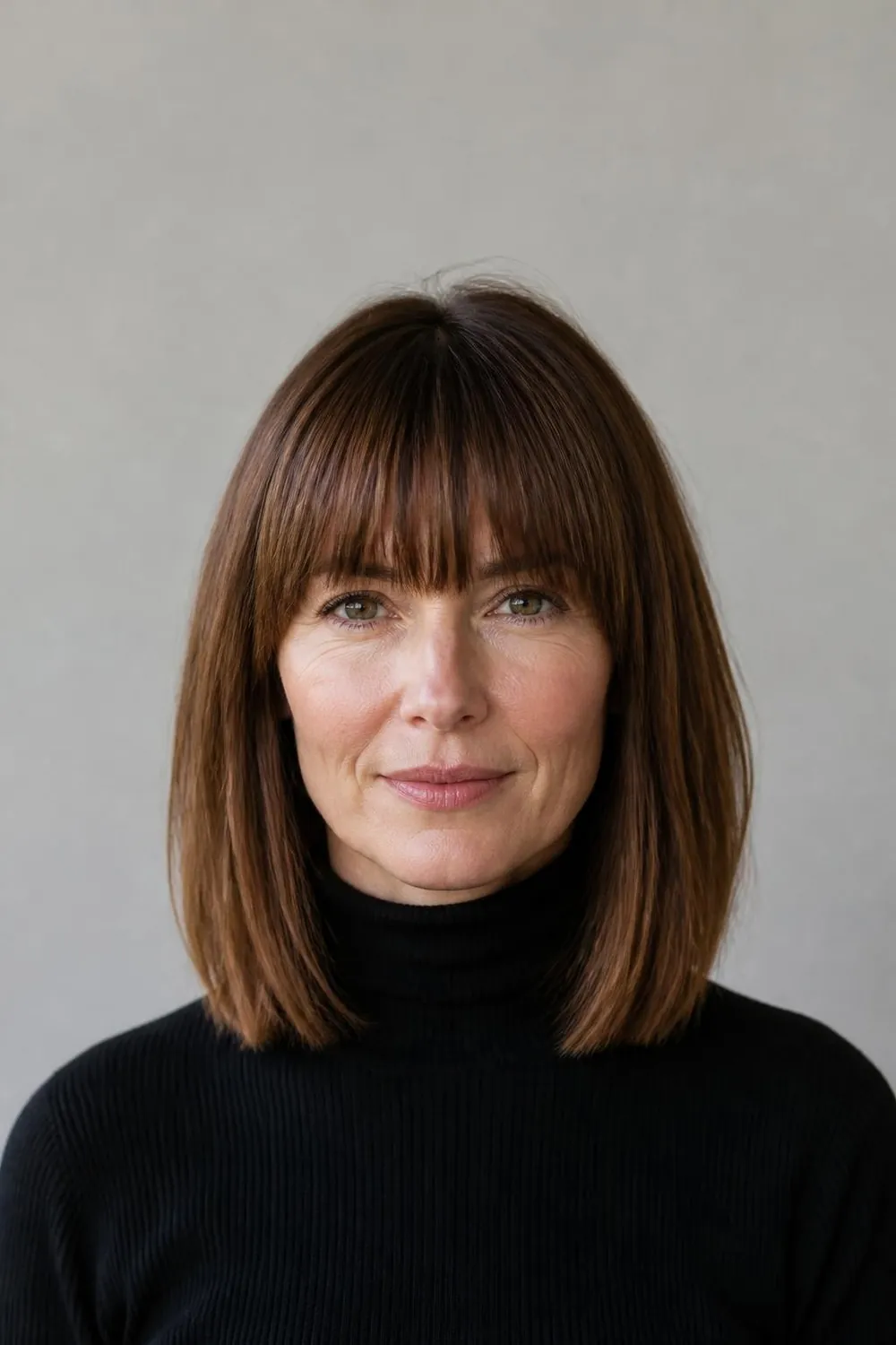 Lob with heavy brow-skimming blunt bangs on fine straight hair
