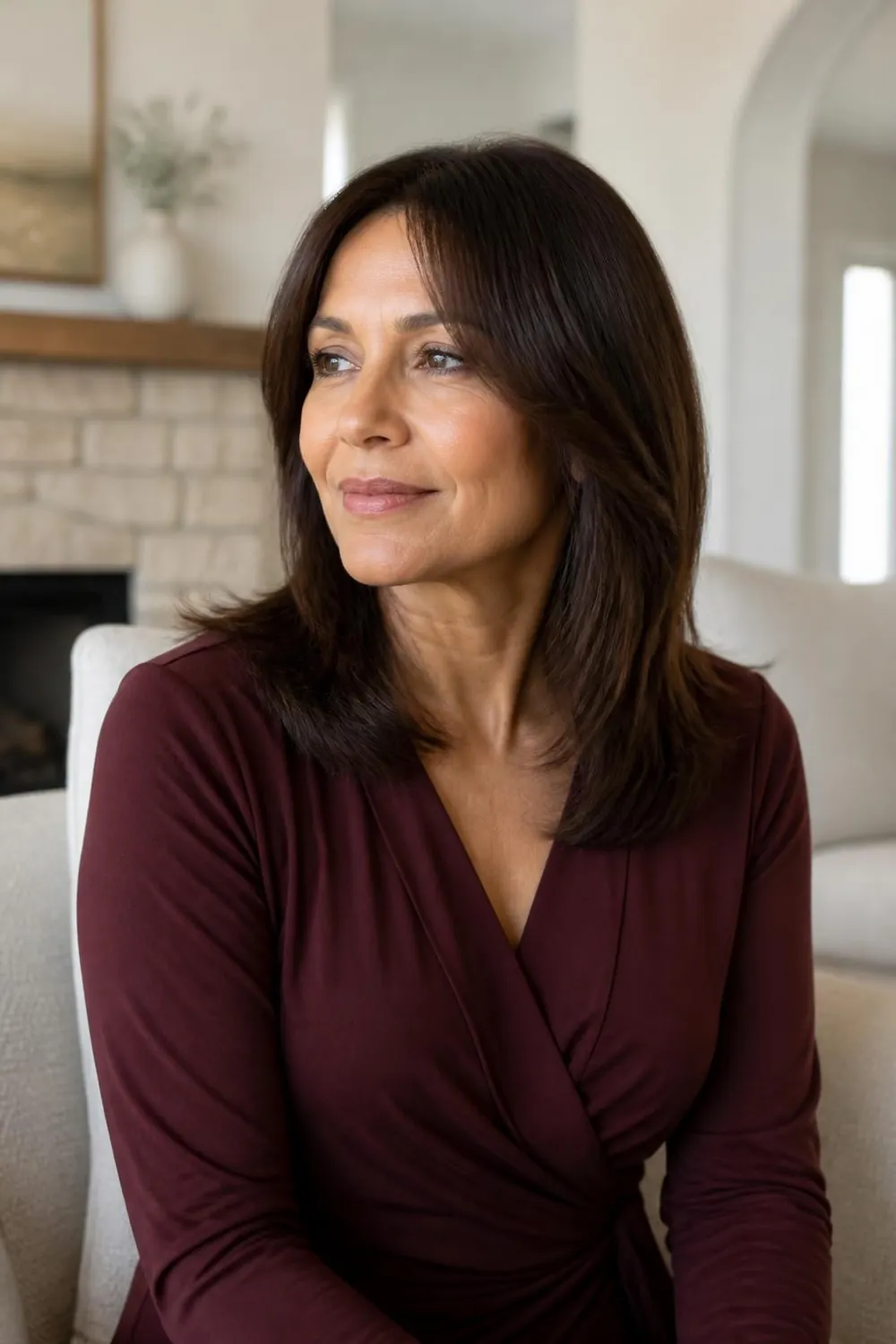 Shoulder-length cut with long curtain bangs blending into the layers on thin hair