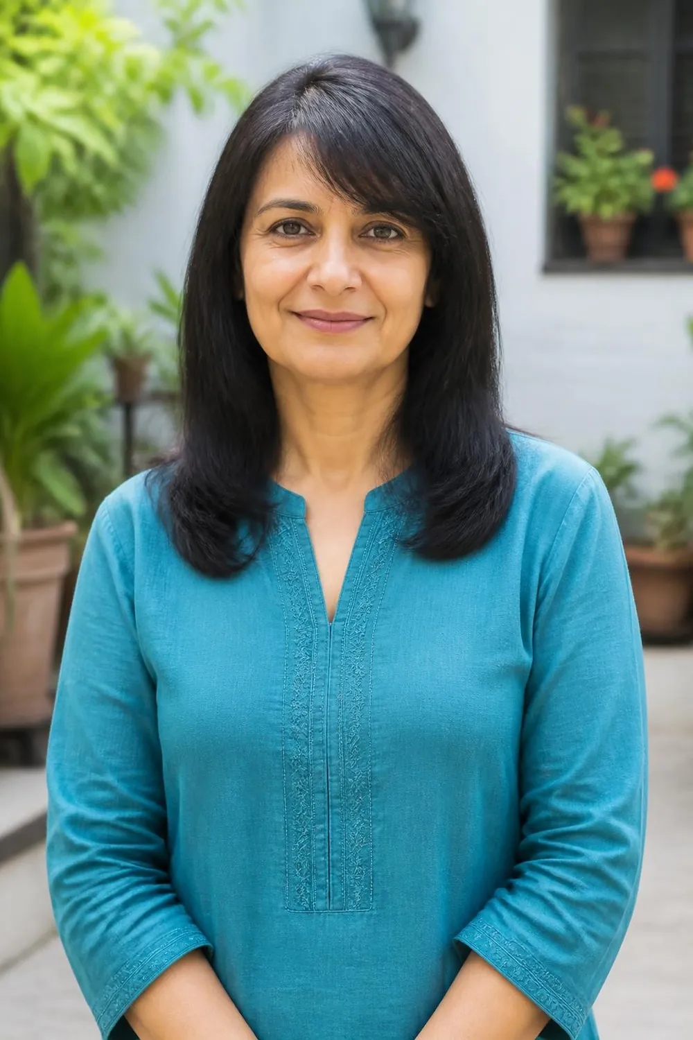 Medium haircut with a brow-length fringe worn with a side part on fine hair