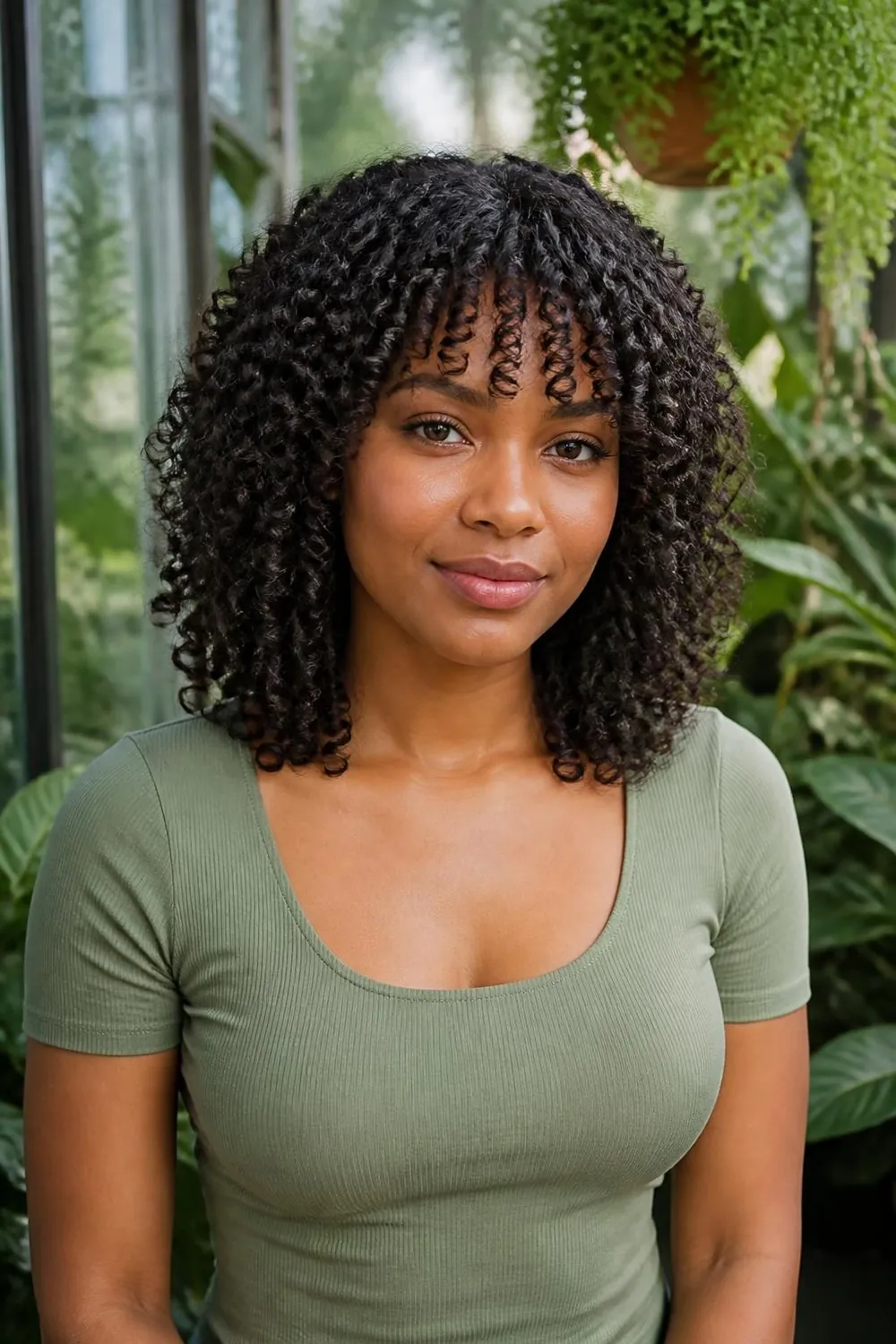 Medium curly haircut with curly bangs for women with fine curls