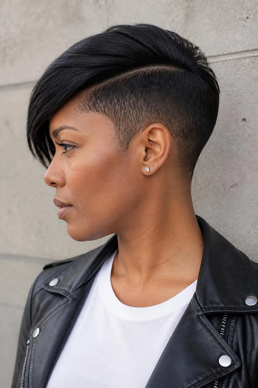 Undercut pixie with a long swept top and buzzed sides on thin straight hair