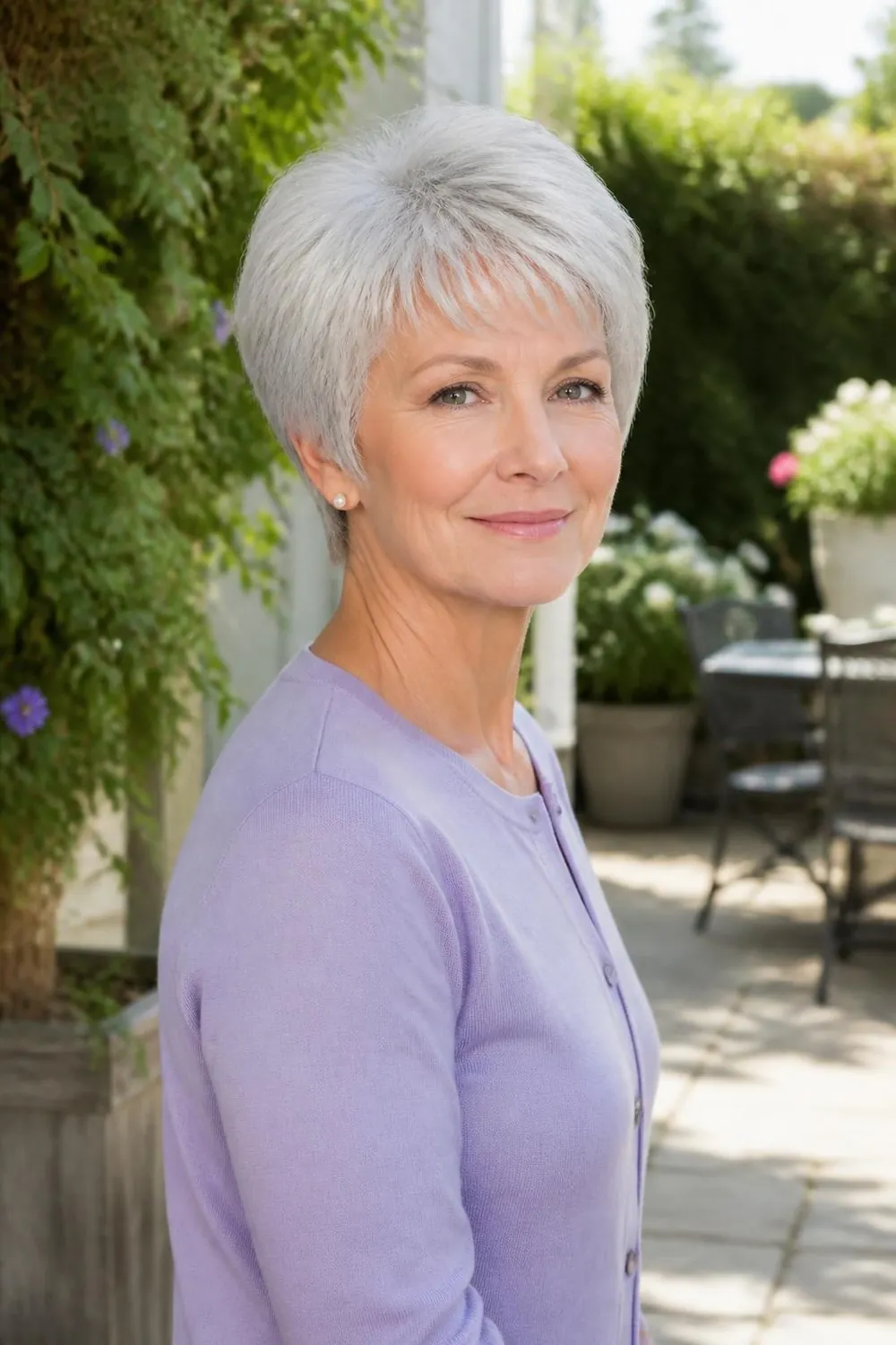 Soft layered pixie on fine silver hair for women over 60
