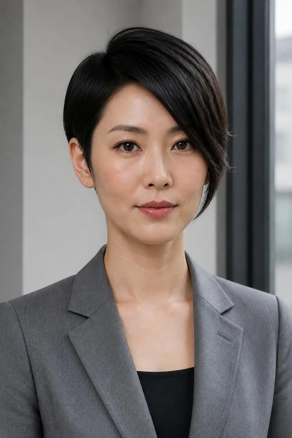 Asymmetric pixie with one long side falling past the cheekbone on thin hair